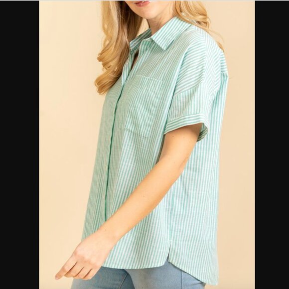 Green & Ivory Short Sleeve Stripes Collard Top - Picture 4 of 4